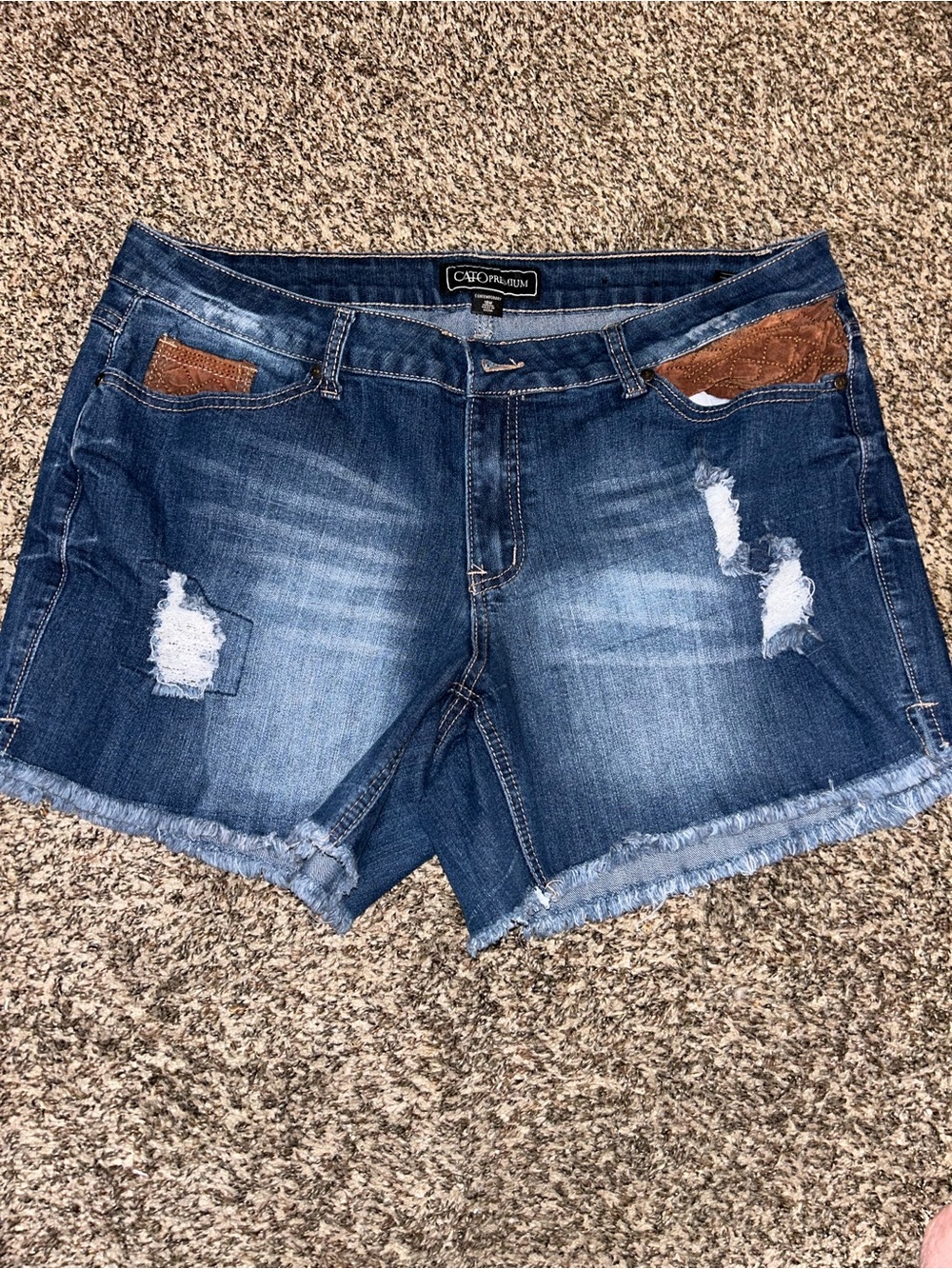 Cato Blue Distressed Denim Jean Shorts with Brown Pocket Accents